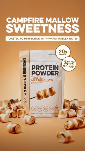 A high-contrast, warm-toned static advertisement featuring a bag of protein powder surrounded by toasted marshmallows to emphasize flavor and appetite appeal.